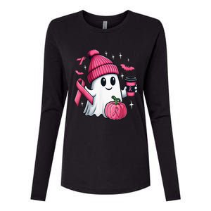 Cute Ghost Drinking Coffee Halloween Ghost Breast Cancer Womens Cotton Relaxed Long Sleeve T-Shirt