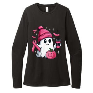 Cute Ghost Drinking Coffee Halloween Ghost Breast Cancer Womens CVC Long Sleeve Shirt