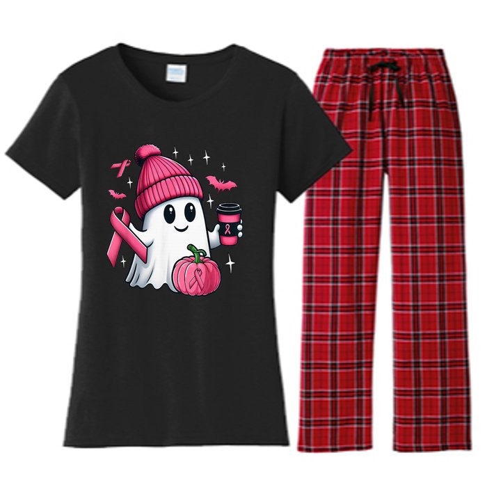 Cute Ghost Drinking Coffee Halloween Ghost Breast Cancer Women's Flannel Pajama Set