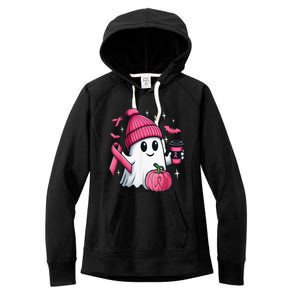 Cute Ghost Drinking Coffee Halloween Ghost Breast Cancer Women's Fleece Hoodie