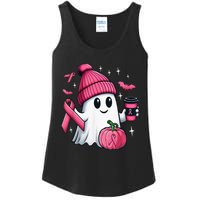 Cute Ghost Drinking Coffee Halloween Ghost Breast Cancer Ladies Essential Tank