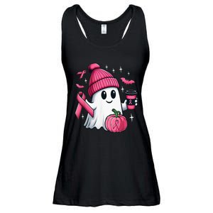 Cute Ghost Drinking Coffee Halloween Ghost Breast Cancer Ladies Essential Flowy Tank