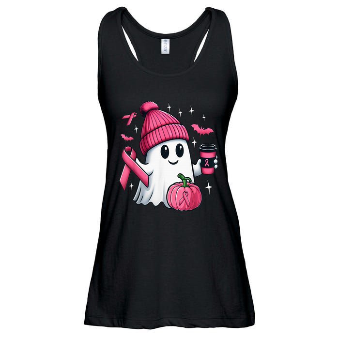 Cute Ghost Drinking Coffee Halloween Ghost Breast Cancer Ladies Essential Flowy Tank