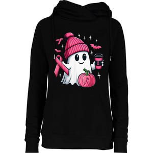 Cute Ghost Drinking Coffee Halloween Ghost Breast Cancer Womens Funnel Neck Pullover Hood