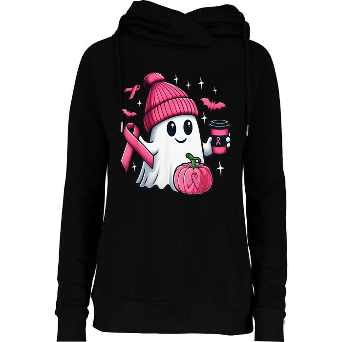 Cute Ghost Drinking Coffee Halloween Ghost Breast Cancer Womens Funnel Neck Pullover Hood