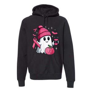 Cute Ghost Drinking Coffee Halloween Ghost Breast Cancer Premium Hoodie