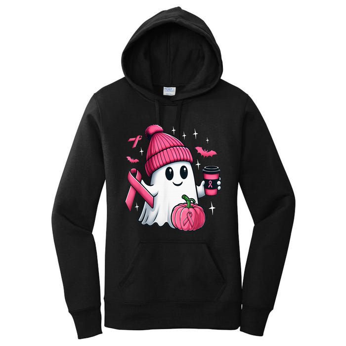 Cute Ghost Drinking Coffee Halloween Ghost Breast Cancer Women's Pullover Hoodie