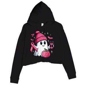 Cute Ghost Drinking Coffee Halloween Ghost Breast Cancer Crop Fleece Hoodie