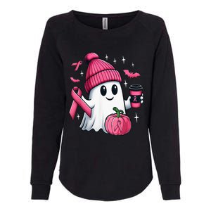 Cute Ghost Drinking Coffee Halloween Ghost Breast Cancer Womens California Wash Sweatshirt