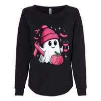 Cute Ghost Drinking Coffee Halloween Ghost Breast Cancer Womens California Wash Sweatshirt