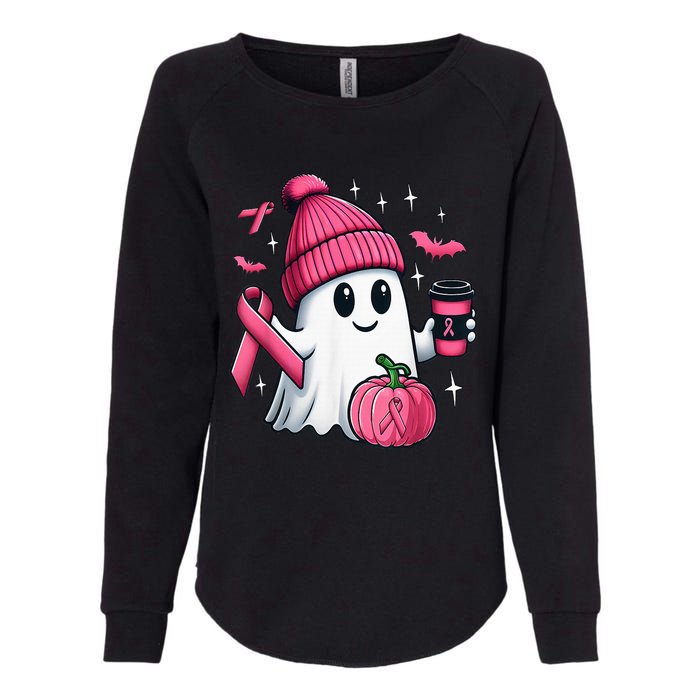 Cute Ghost Drinking Coffee Halloween Ghost Breast Cancer Womens California Wash Sweatshirt