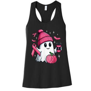 Cute Ghost Drinking Coffee Halloween Ghost Breast Cancer Women's Racerback Tank