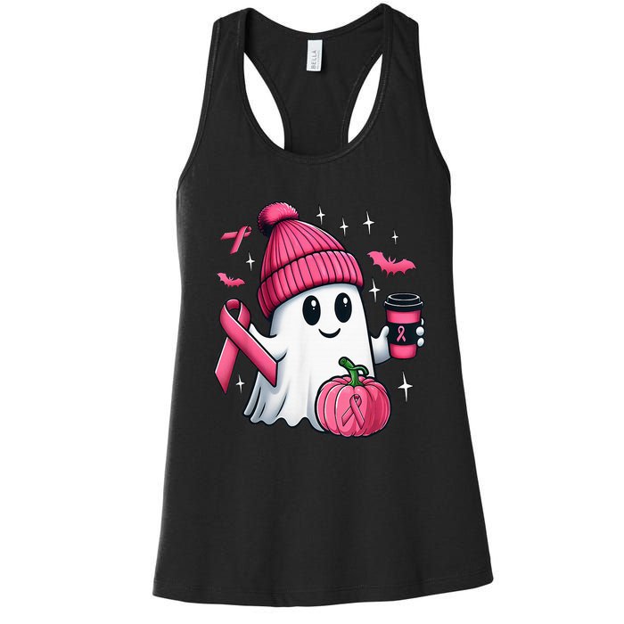 Cute Ghost Drinking Coffee Halloween Ghost Breast Cancer Women's Racerback Tank