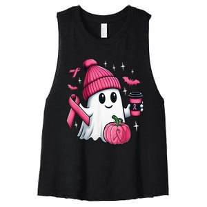 Cute Ghost Drinking Coffee Halloween Ghost Breast Cancer Women's Racerback Cropped Tank