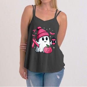 Cute Ghost Drinking Coffee Halloween Ghost Breast Cancer Women's Strappy Tank