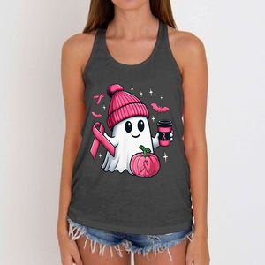 Cute Ghost Drinking Coffee Halloween Ghost Breast Cancer Women's Knotted Racerback Tank