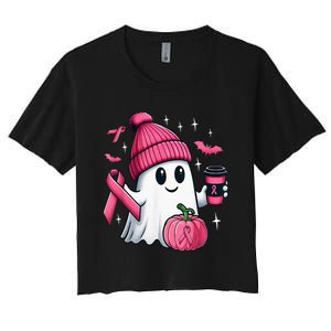 Cute Ghost Drinking Coffee Halloween Ghost Breast Cancer Women's Crop Top Tee