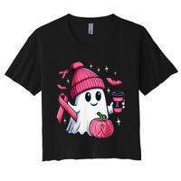 Cute Ghost Drinking Coffee Halloween Ghost Breast Cancer Women's Crop Top Tee