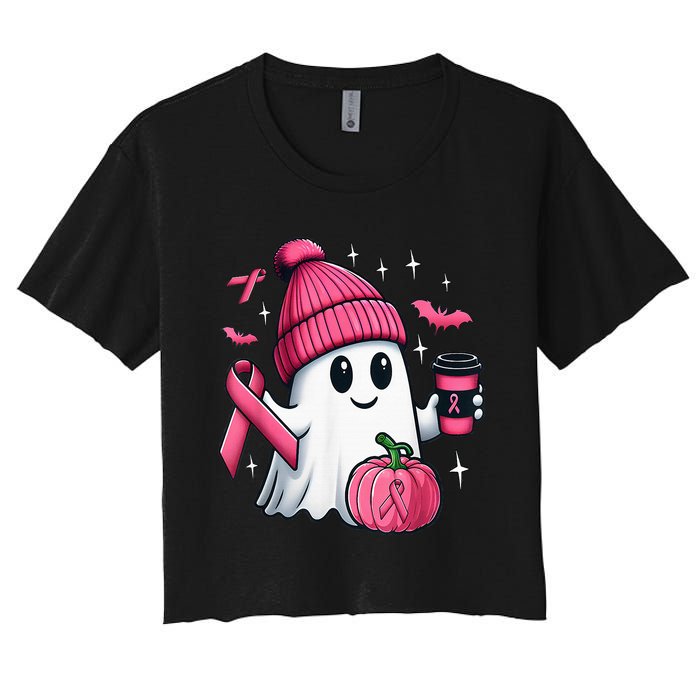 Cute Ghost Drinking Coffee Halloween Ghost Breast Cancer Women's Crop Top Tee