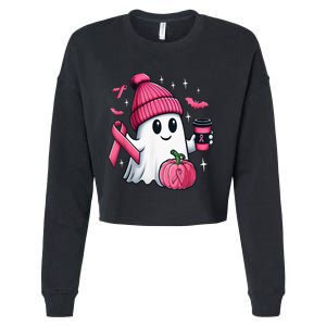 Cute Ghost Drinking Coffee Halloween Ghost Breast Cancer Cropped Pullover Crew