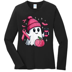 Cute Ghost Drinking Coffee Halloween Ghost Breast Cancer Ladies Long Sleeve Shirt