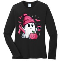 Cute Ghost Drinking Coffee Halloween Ghost Breast Cancer Ladies Long Sleeve Shirt