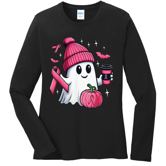 Cute Ghost Drinking Coffee Halloween Ghost Breast Cancer Ladies Long Sleeve Shirt