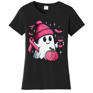 Cute Ghost Drinking Coffee Halloween Ghost Breast Cancer Women's T-Shirt