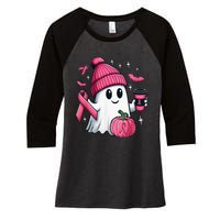 Cute Ghost Drinking Coffee Halloween Ghost Breast Cancer Women's Tri-Blend 3/4-Sleeve Raglan Shirt