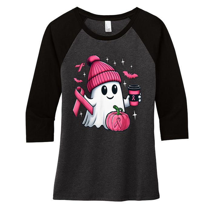 Cute Ghost Drinking Coffee Halloween Ghost Breast Cancer Women's Tri-Blend 3/4-Sleeve Raglan Shirt