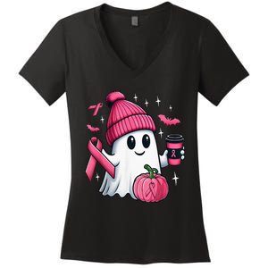 Cute Ghost Drinking Coffee Halloween Ghost Breast Cancer Women's V-Neck T-Shirt