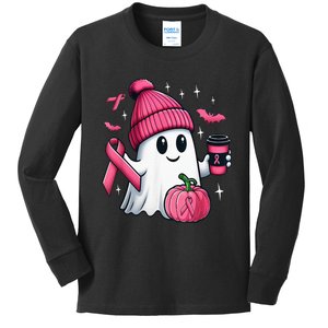 Cute Ghost Drinking Coffee Halloween Ghost Breast Cancer Kids Long Sleeve Shirt