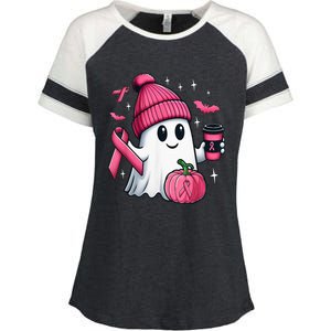 Cute Ghost Drinking Coffee Halloween Ghost Breast Cancer Enza Ladies Jersey Colorblock Tee