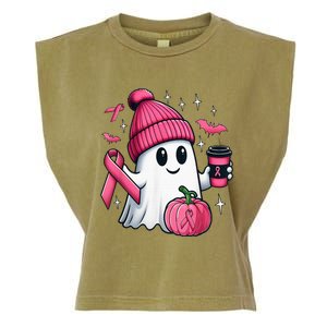 Cute Ghost Drinking Coffee Halloween Ghost Breast Cancer Garment-Dyed Women's Muscle Tee