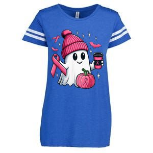 Cute Ghost Drinking Coffee Halloween Ghost Breast Cancer Enza Ladies Jersey Football T-Shirt