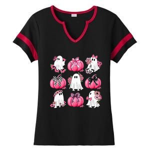 Cute Ghost Florals Coquette Bows Pumpkins Halloween Ladies Halftime Notch Neck Tee