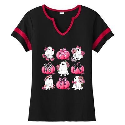 Cute Ghost Florals Coquette Bows Pumpkins Halloween Ladies Halftime Notch Neck Tee