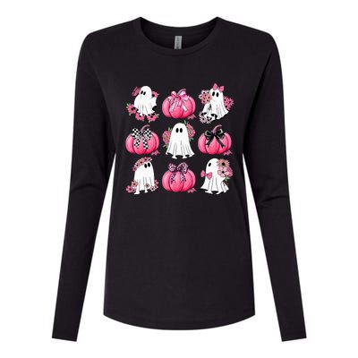 Cute Ghost Florals Coquette Bows Pumpkins Halloween Womens Cotton Relaxed Long Sleeve T-Shirt