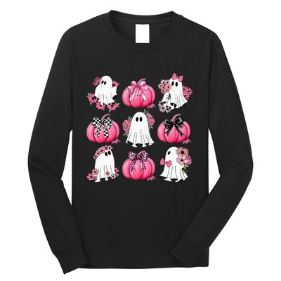 Cute Ghost Florals Coquette Bows Pumpkins Halloween Long Sleeve Shirt