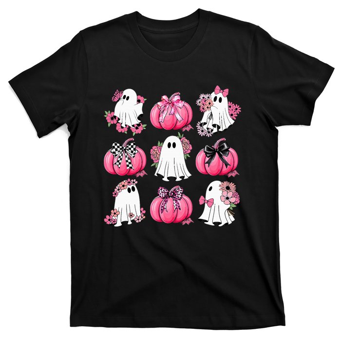 Cute Ghost Florals Coquette Bows Pumpkins Halloween T-Shirt