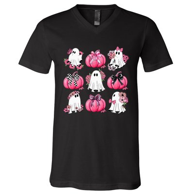 Cute Ghost Florals Coquette Bows Pumpkins Halloween V-Neck T-Shirt