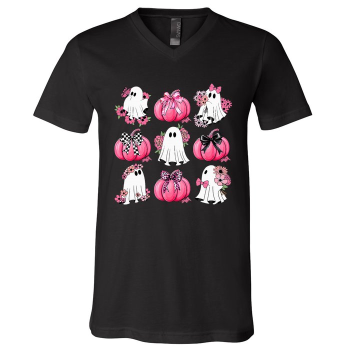 Cute Ghost Florals Coquette Bows Pumpkins Halloween V-Neck T-Shirt