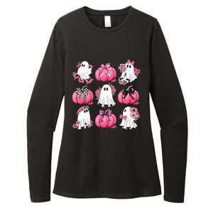 Cute Ghost Florals Coquette Bows Pumpkins Halloween Womens CVC Long Sleeve Shirt