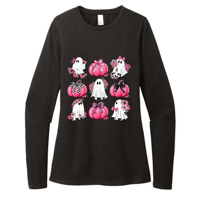 Cute Ghost Florals Coquette Bows Pumpkins Halloween Womens CVC Long Sleeve Shirt