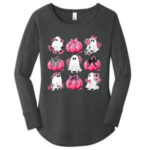 Cute Ghost Florals Coquette Bows Pumpkins Halloween Women's Perfect Tri Tunic Long Sleeve Shirt