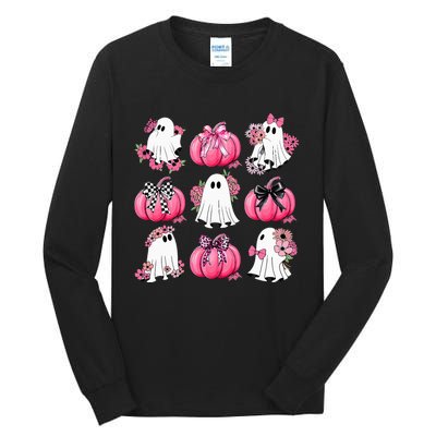 Cute Ghost Florals Coquette Bows Pumpkins Halloween Tall Long Sleeve T-Shirt