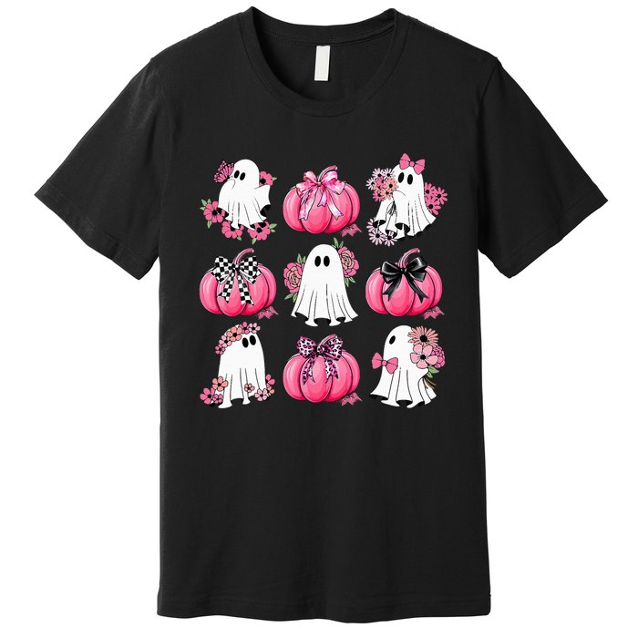 Cute Ghost Florals Coquette Bows Pumpkins Halloween Premium T-Shirt