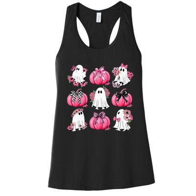 Cute Ghost Florals Coquette Bows Pumpkins Halloween Women's Racerback Tank