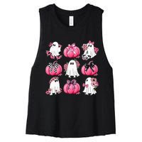 Cute Ghost Florals Coquette Bows Pumpkins Halloween Women's Racerback Cropped Tank