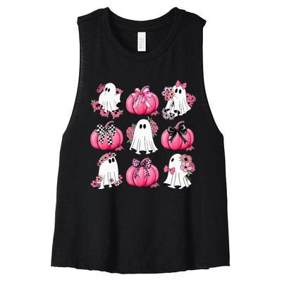 Cute Ghost Florals Coquette Bows Pumpkins Halloween Women's Racerback Cropped Tank